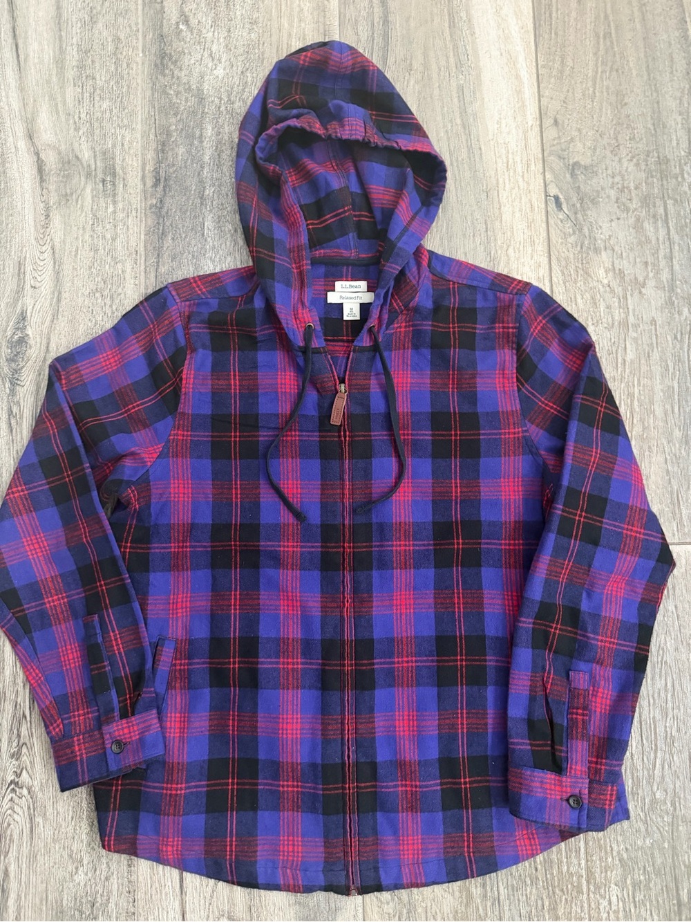 L.L. Bean Purple and Black Mens Plaid Hooded Zip Flannel Jacket Full Zip Med